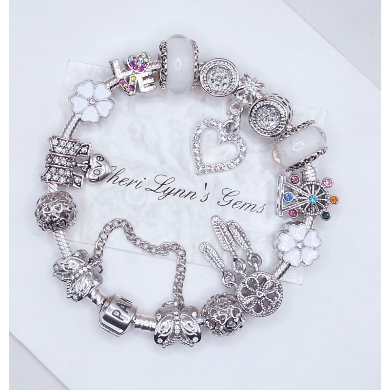 PANDORA SILVER BRACELET WITH CRYSTAL HEART AND LOVE EUROPEAN CHARMS