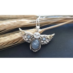 925 Sterling Silver Owl Pendant Natural Moonstone jewelry  Cute