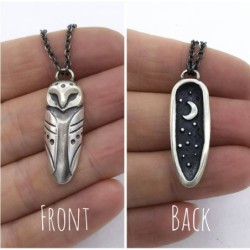 Owl Necklace / Sterling Silver Owl Pendant / Moon and stars on the back side