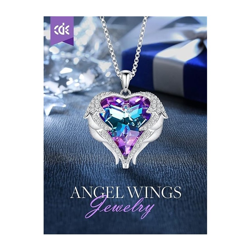 CDE Angel Wing Love Heart  Necklaces for Women, Silver Tone Pendant