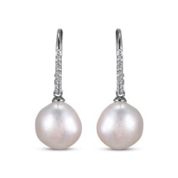 Cultured Pearl & White Lab-Created  Drop Earrings Sterling Silver