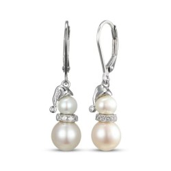 Cultured Pearl & White Lab-Created  Snowman Dangle Earrings Silver