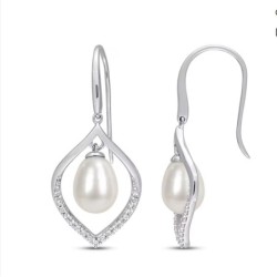 Cultured Pearl & White Lab-Created Drop Earrings Sterling Silver