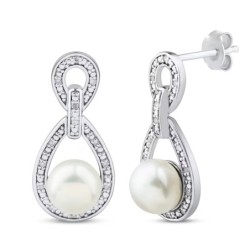 Cultured Pearl & White Sapphire Doorknocker Earrings Sterling Silver