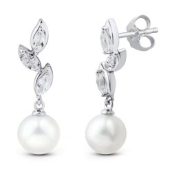 KAY Jewelry-Pearl & White Sapphire Leaf Earrings Sterling Silver