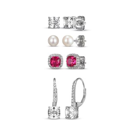 Lab-Created Ruby & Cultured Pearl Earrings Set Sterling Silver