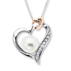 Heart Necklace Cultured Pearl/Diamonds Sterling Silver