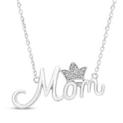 Diamond "Mom" with Crown Necklace Sterling Silver