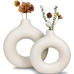 White Ceramic Vase, Modern Vase for Minimalist Decor, Hollow Round Matte Pampas Flower Vases (2pcs)